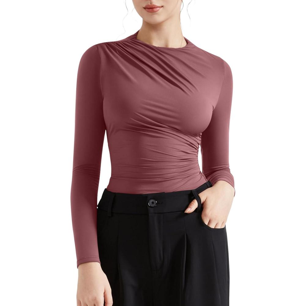 imageSUUKSESS Women Business Casual Long Sleeve Tops Double Lined Basic T ShirtsMarsala