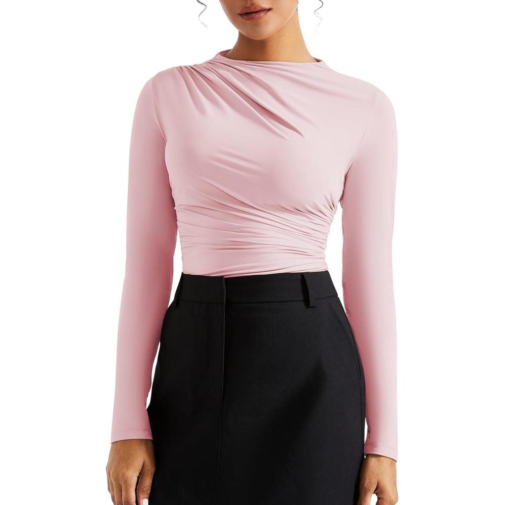 imageSUUKSESS Women Business Casual Long Sleeve Tops Double Lined Basic T ShirtsPink