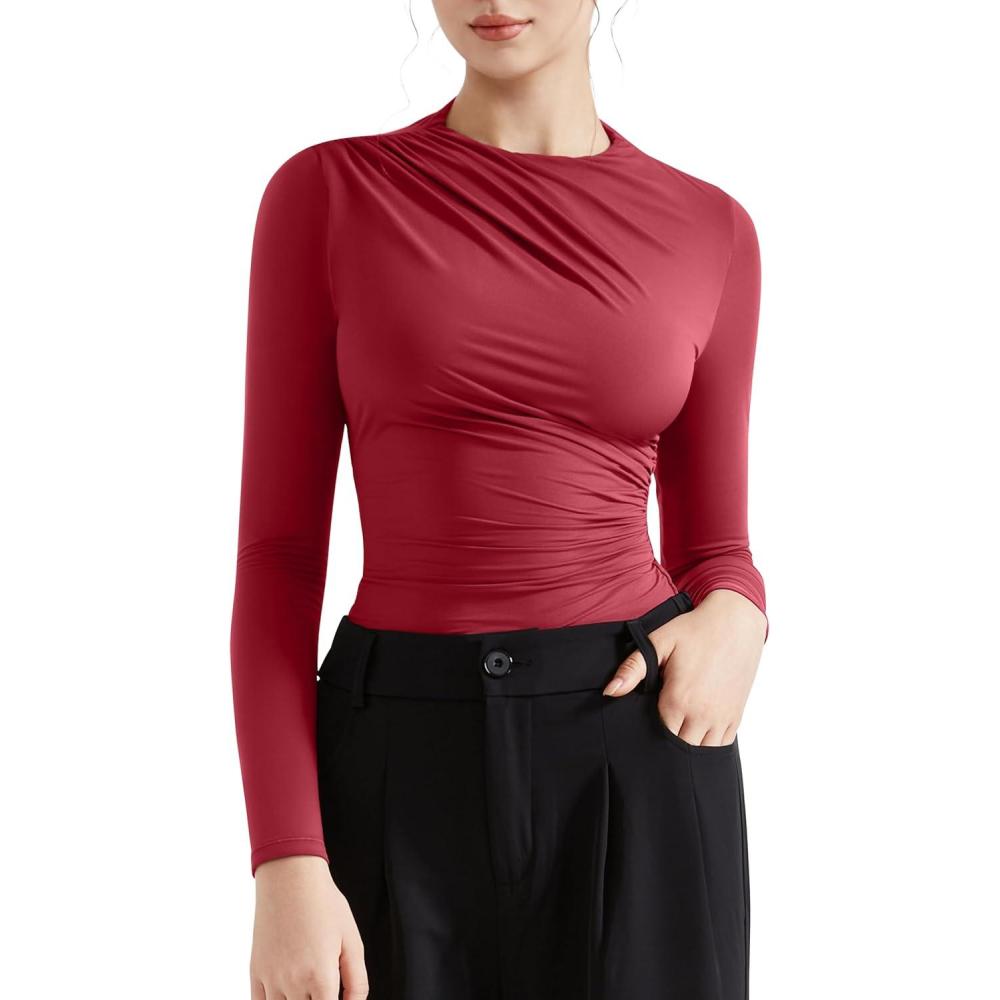 imageSUUKSESS Women Business Casual Long Sleeve Tops Double Lined Basic T ShirtsWine Red