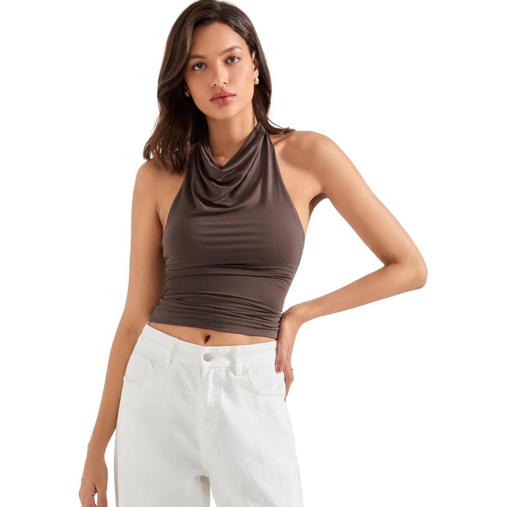 imageSUUKSESS Women Halter Backless Tank Tops Sexy Cowl Neck Summer Going Out Cami TopsBrown