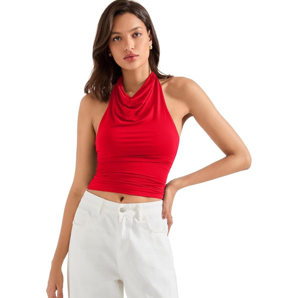 imageSUUKSESS Women Halter Backless Tank Tops Sexy Cowl Neck Summer Going Out Cami TopsRed