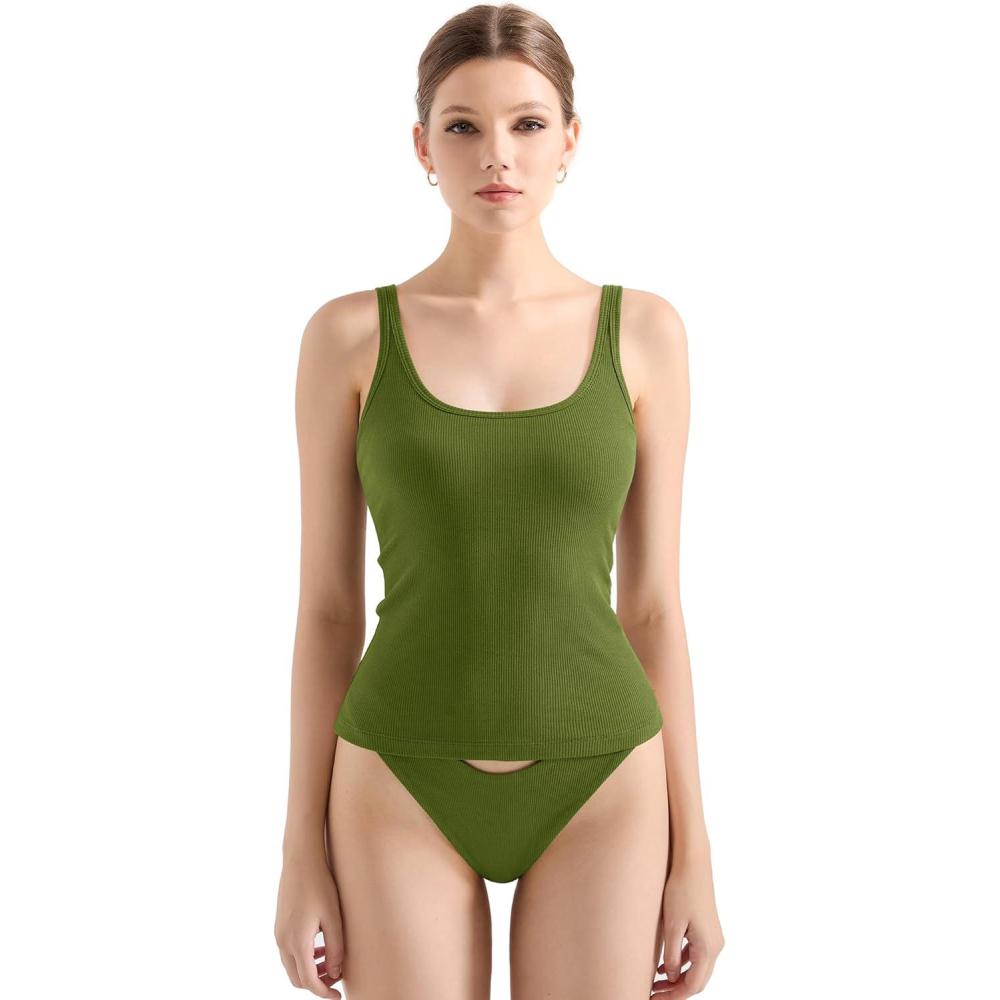 imageSUUKSESS Women Padded Ribbed Long Tank Tops Summer Going Out Basic Scoop Neck Cami TopsArmy Green