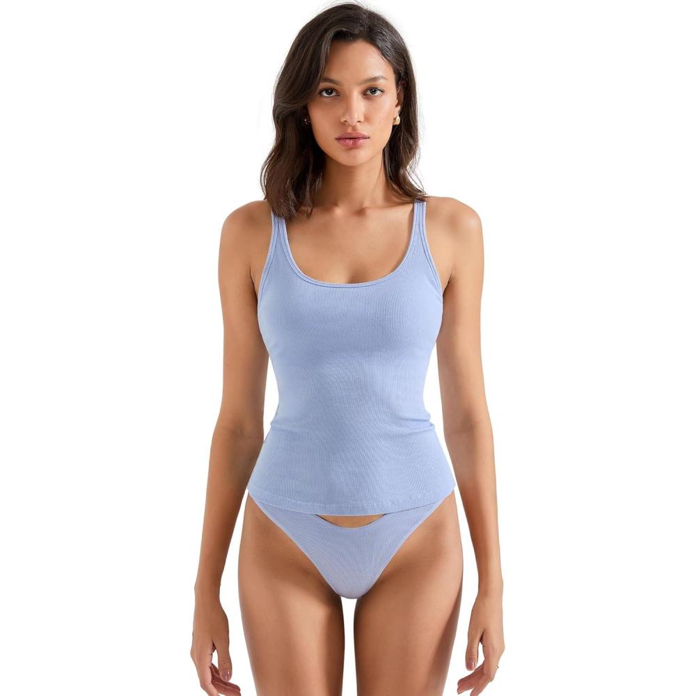 imageSUUKSESS Women Padded Ribbed Long Tank Tops Summer Going Out Basic Scoop Neck Cami TopsLight Blue