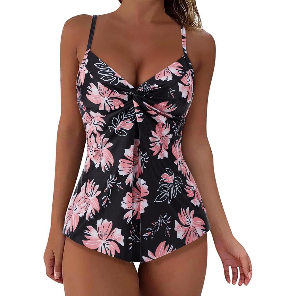 imageSUUKSESS Womens Tummy Control Tankini Swimsuit Push Up Knot Front Bathing SuitBlack Floral