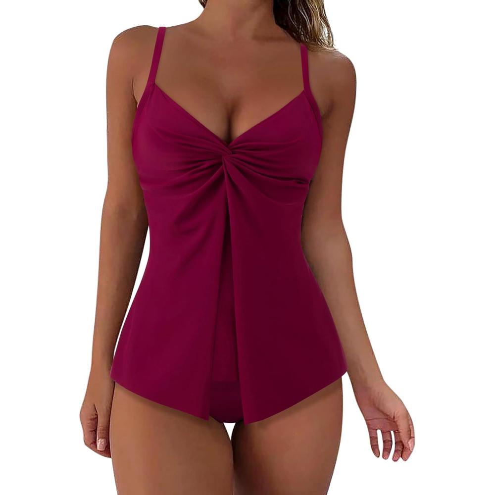 imageSUUKSESS Womens Tummy Control Tankini Swimsuit Push Up Knot Front Bathing SuitWine Red