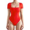 imageSUUKSESS Women Square Neck Short Sleeve Bodysuit Sexy Thong Bodysuit Shirts01 Red