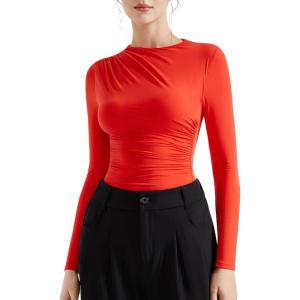 imageSUUKSESS Women Business Casual Long Sleeve Tops Double Lined Basic T ShirtsRed