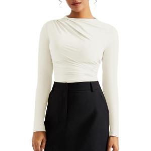 imageSUUKSESS Women Business Casual Long Sleeve Tops Double Lined Basic T ShirtsWhite