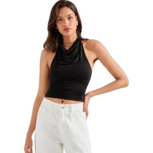 imageSUUKSESS Women Halter Backless Tank Tops Sexy Cowl Neck Summer Going Out Cami TopsBlack