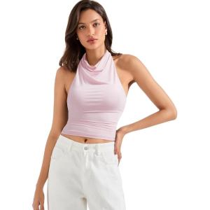 imageSUUKSESS Women Halter Backless Tank Tops Sexy Cowl Neck Summer Going Out Cami TopsPink