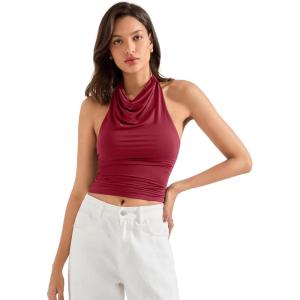 imageSUUKSESS Women Halter Backless Tank Tops Sexy Cowl Neck Summer Going Out Cami TopsWine Red