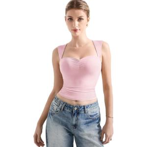 imageSUUKSESS Women Sweetheart V Neck Backless Tank Tops Double Lined Going Out Crop TopsPink