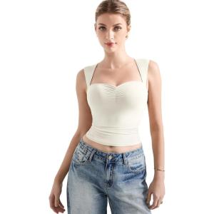 imageSUUKSESS Women Sweetheart V Neck Backless Tank Tops Double Lined Going Out Crop TopsWhite