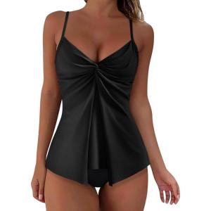 imageSUUKSESS Womens Tummy Control Tankini Swimsuit Push Up Knot Front Bathing SuitBlack