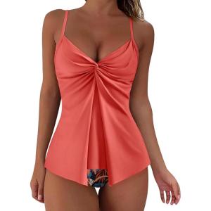 imageSUUKSESS Womens Tummy Control Tankini Swimsuit Push Up Knot Front Bathing SuitCoral Pink Leaf