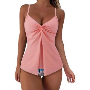 imageSUUKSESS Womens Tummy Control Tankini Swimsuit Push Up Knot Front Bathing SuitPink Multicolor