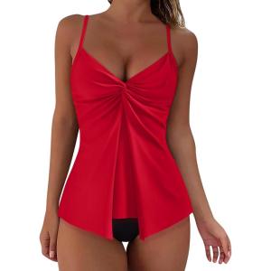 imageSUUKSESS Womens Tummy Control Tankini Swimsuit Push Up Knot Front Bathing SuitRed