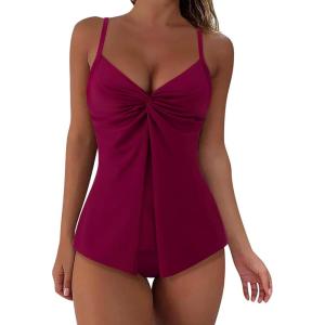 imageSUUKSESS Womens Tummy Control Tankini Swimsuit Push Up Knot Front Bathing SuitWine Red