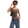 imageSUUKSESS Women Off The Shoulder Short Sleeve Tops Trendy Cowl Neck Going Out Basic T ShirtBrown