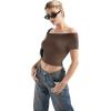 imageSUUKSESS Women Off The Shoulder Short Sleeve Tops Trendy Cowl Neck Going Out Basic T ShirtBrown
