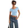imageSUUKSESS Women Off The Shoulder Short Sleeve Tops Trendy Cowl Neck Going Out Basic T ShirtLight Blue