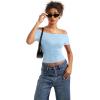 imageSUUKSESS Women Off The Shoulder Short Sleeve Tops Trendy Cowl Neck Going Out Basic T ShirtLight Blue