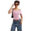imageSUUKSESS Women Off The Shoulder Short Sleeve Tops Trendy Cowl Neck Going Out Basic T ShirtLight Pink