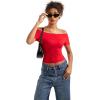 imageSUUKSESS Women Off The Shoulder Short Sleeve Tops Trendy Cowl Neck Going Out Basic T ShirtRed