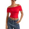 imageSUUKSESS Women Off The Shoulder Short Sleeve Tops Trendy Cowl Neck Going Out Basic T ShirtRed