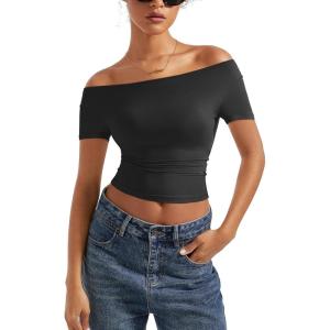 imageSUUKSESS Women Off The Shoulder Short Sleeve Tops Trendy Cowl Neck Going Out Basic T ShirtBlack