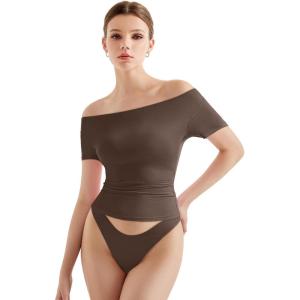 imageSUUKSESS Women Off The Shoulder Short Sleeve Tops Trendy Cowl Neck Going Out Basic T ShirtBrown
