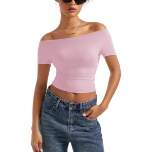 imageSUUKSESS Women Off The Shoulder Short Sleeve Tops Trendy Cowl Neck Going Out Basic T ShirtLight Pink