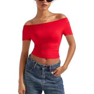 imageSUUKSESS Women Off The Shoulder Short Sleeve Tops Trendy Cowl Neck Going Out Basic T ShirtRed