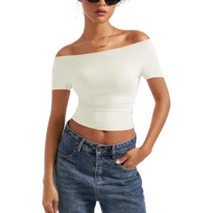 imageSUUKSESS Women Off The Shoulder Short Sleeve Tops Trendy Cowl Neck Going Out Basic T ShirtWhite