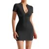 imageSUUKSESS Women Summer Dresses Sexy Ribbed Zip up Front Short Sleeve Mini Dress