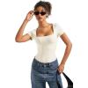 imageSUUKSESS Women Square Neck Short Sleeve Bodysuit Sexy Thong Bodysuit Shirts01 White