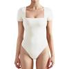 imageSUUKSESS Women Square Neck Short Sleeve Bodysuit Sexy Thong Bodysuit Shirts01 White