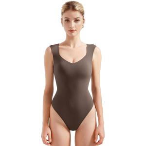 imageSUUKSESS Women Sexy Sweetheart V Neck Thong Bodysuit Basic Sleeveless Tank Tops01 Brown