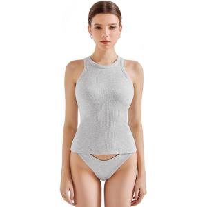 imageSUUKSESS Women Padded Cotton Ribbed Tank Tops 2025 High Neck Racerback Basic TopsLight Grey