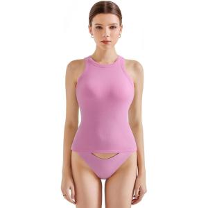 imageSUUKSESS Women Padded Cotton Ribbed Tank Tops 2025 High Neck Racerback Basic TopsPink