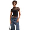 imageSUUKSESS Women Sexy Mesh Sheer Short Sleeve Tops Mock Neck Ruched Going Out ShirtsBlack