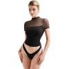 imageSUUKSESS Women Sexy Mesh Sheer Short Sleeve Tops Mock Neck Ruched Going Out ShirtsBlack