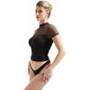 imageSUUKSESS Women Sexy Mesh Sheer Short Sleeve Tops Mock Neck Ruched Going Out ShirtsBlack