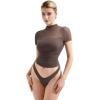 imageSUUKSESS Women Sexy Mesh Sheer Short Sleeve Tops Mock Neck Ruched Going Out ShirtsMocha