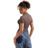 imageSUUKSESS Women Sexy Mesh Sheer Short Sleeve Tops Mock Neck Ruched Going Out ShirtsMocha
