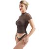 imageSUUKSESS Women Sexy Mesh Sheer Short Sleeve Tops Mock Neck Ruched Going Out ShirtsMocha