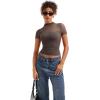 imageSUUKSESS Women Sexy Mesh Sheer Short Sleeve Tops Mock Neck Ruched Going Out ShirtsMocha