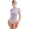 imageSUUKSESS Women Sexy Mesh Sheer Short Sleeve Tops Mock Neck Ruched Going Out ShirtsPurple