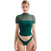 imageSUUKSESS Women Sexy Mesh Sheer Short Sleeve Tops Mock Neck Ruched Going Out ShirtsDark Green