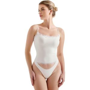 imageSUUKSESS Women Lace Double Lined Camisole Top Spaghetti Strap Going Out Tank TopWhite Beige